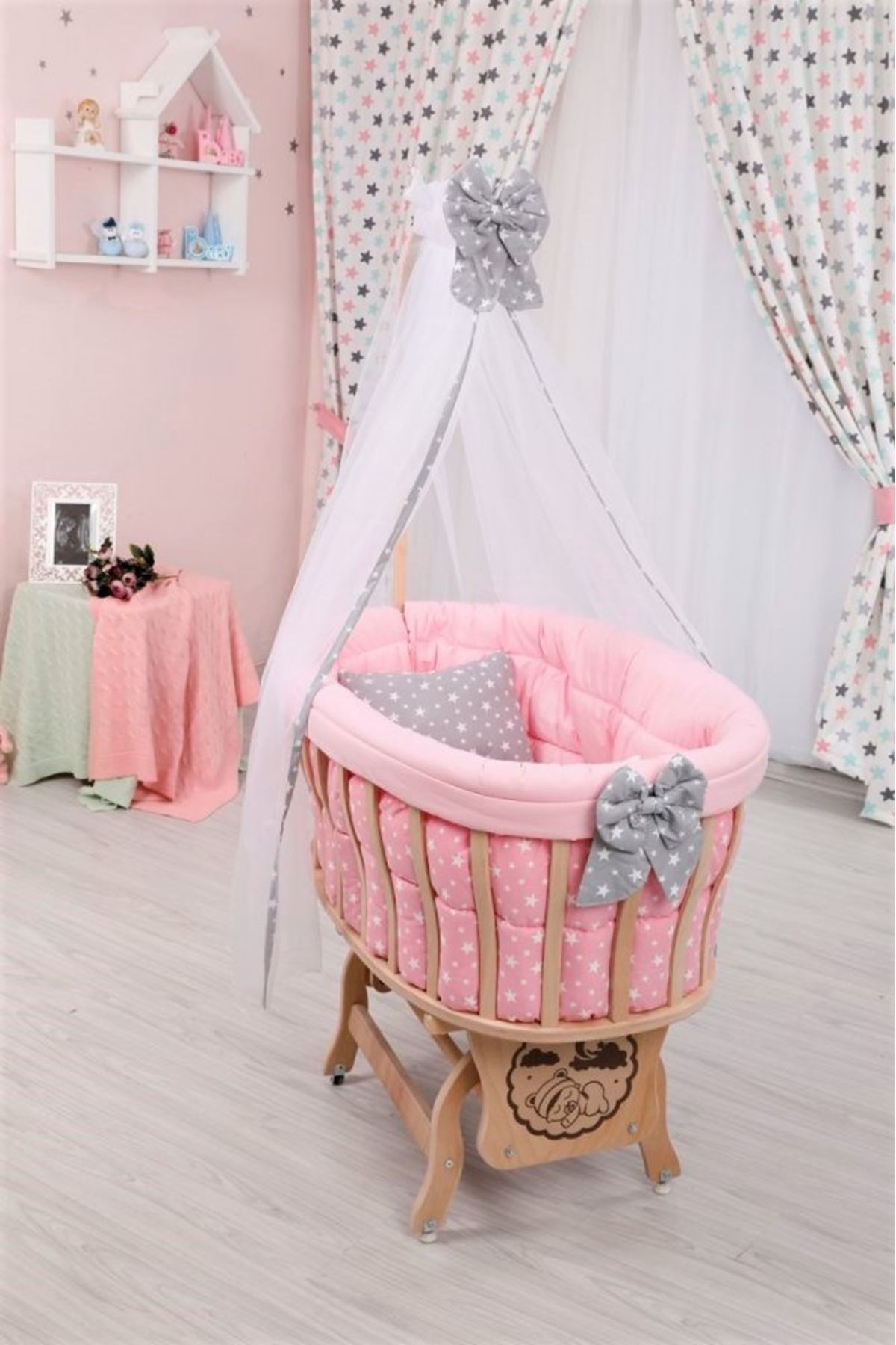 Wooden Basket Cradle With "Pink Star" Set
