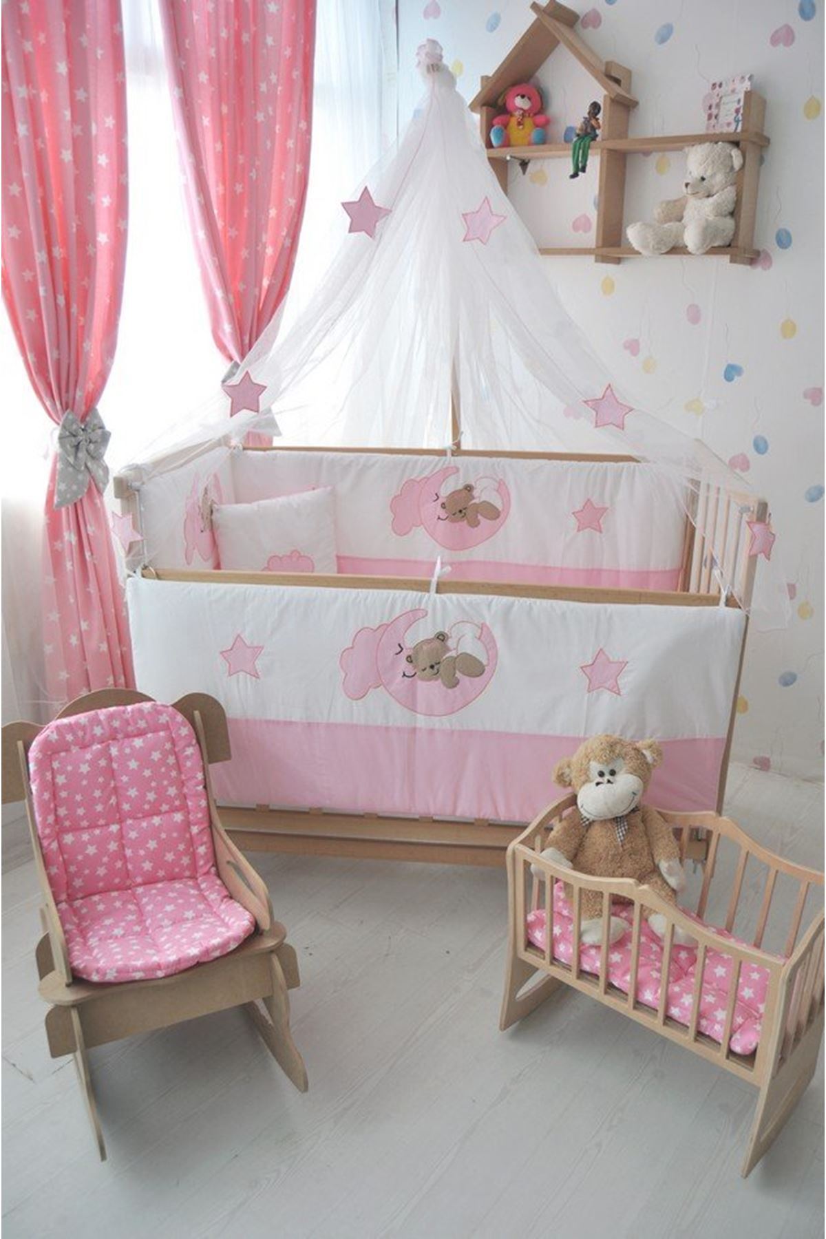 Baby Cradle with Pink Moon and Bear Sleeping Set