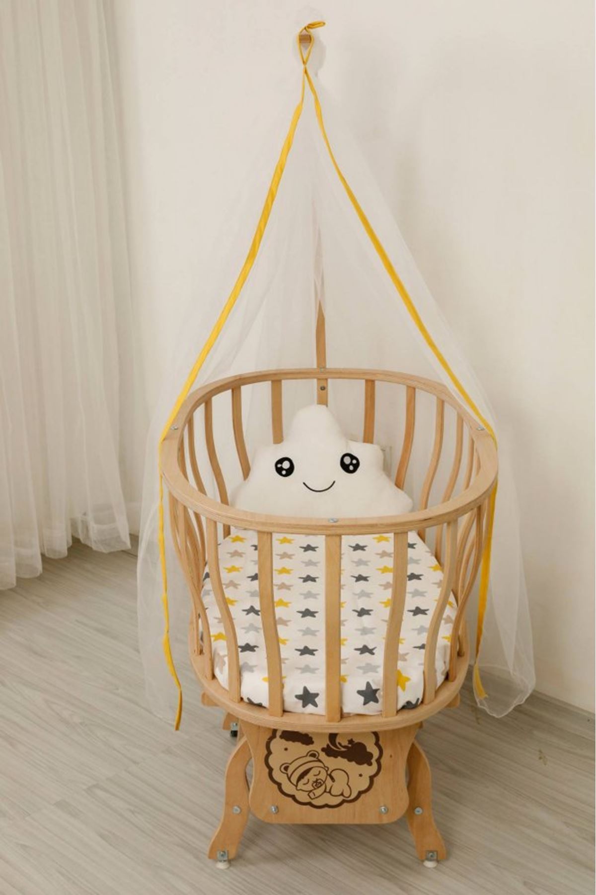 Wooden Basket Cradle Eco Yellow Gray Star Bed