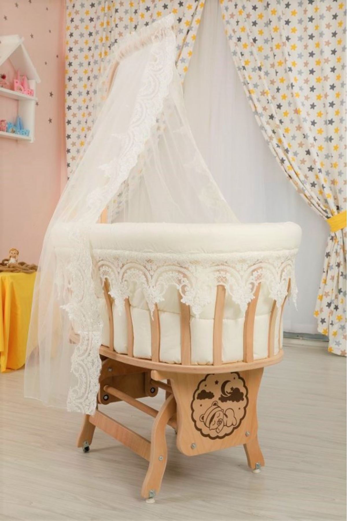 Wooden Baby Cradle With Basket Guipure Sleeping Set