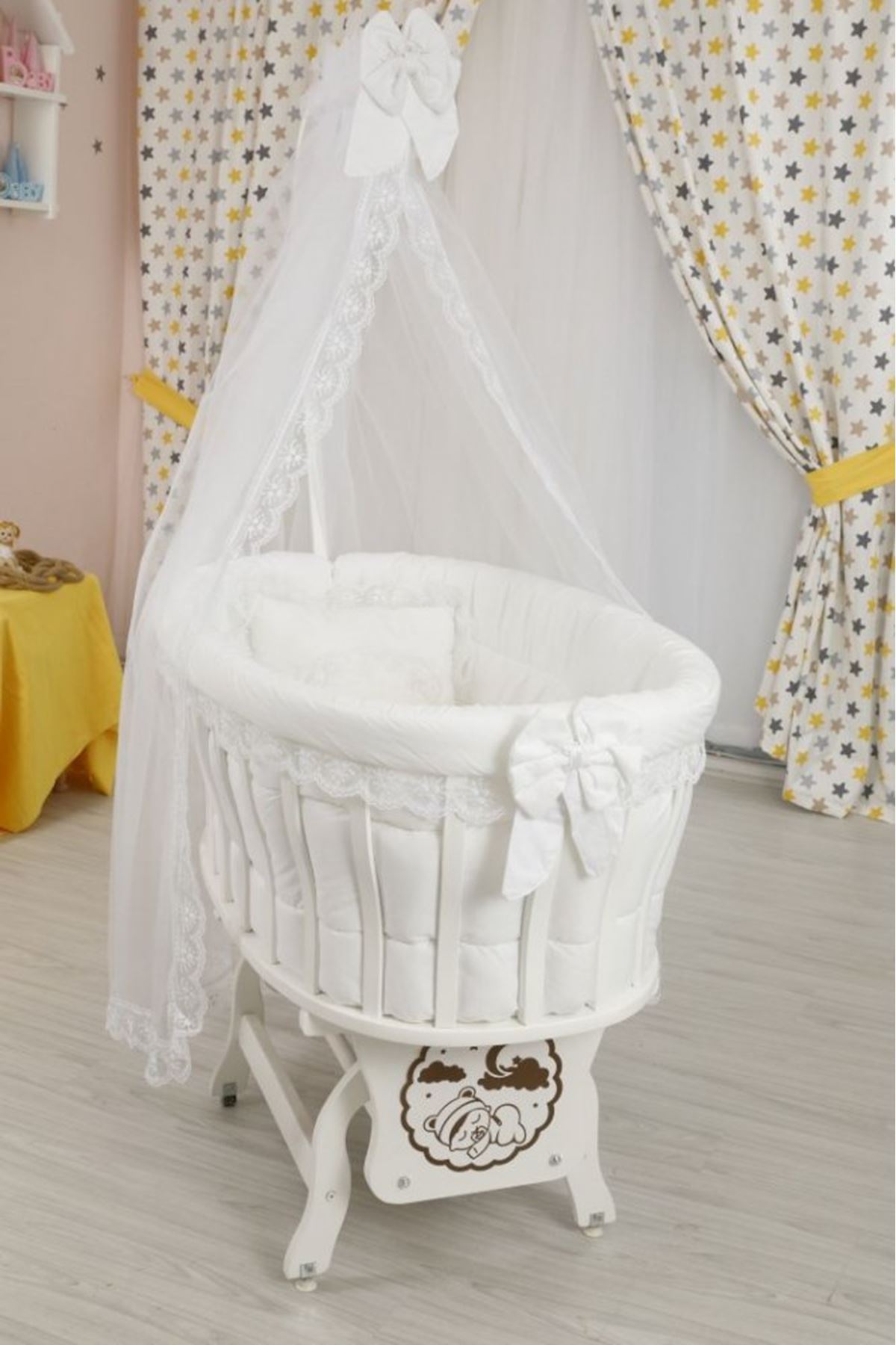 Sepet Beşik İçin Beyaz Fransız Dantelli Bebek Uyku Seti