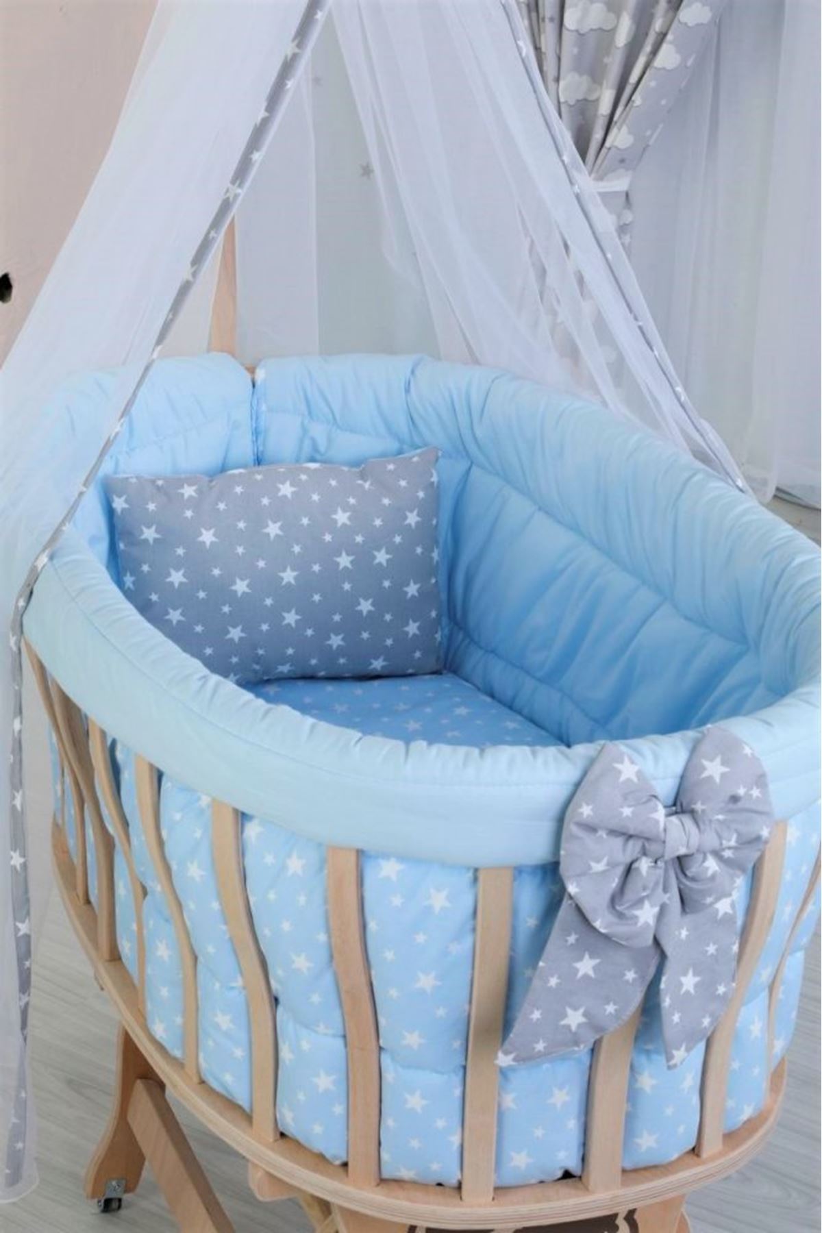Sepet Beşik İçin Mavi Gri Yildizli Kıvırmalı Bebek Uyku Seti