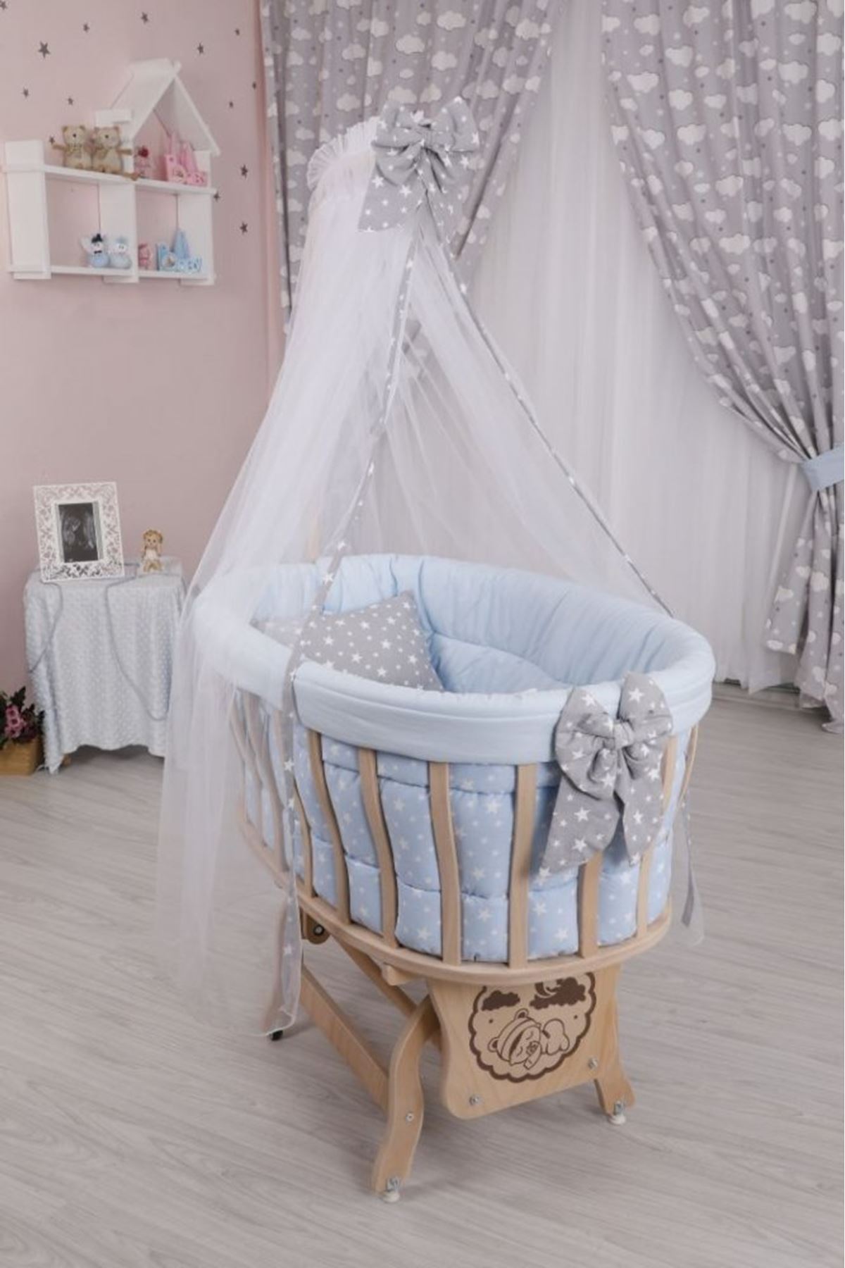 Wooden Basket Cradle "Blue Star" Sleeping Set