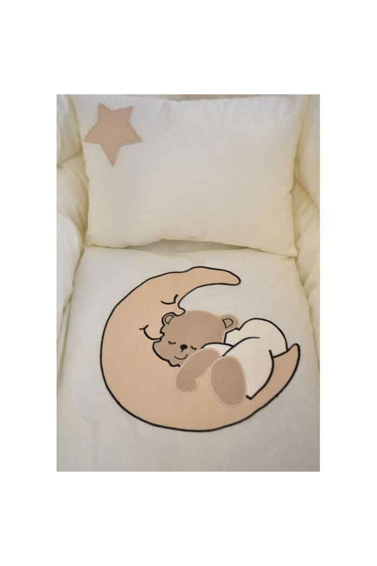 Kahverengi Ayıcık Uyku Setli Doğal Ahşap Sepet Bebek Beşik