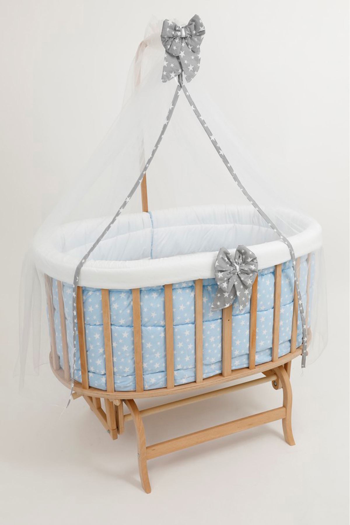 Wooden Baby Cot with Blue Gray Star Sleeping Set