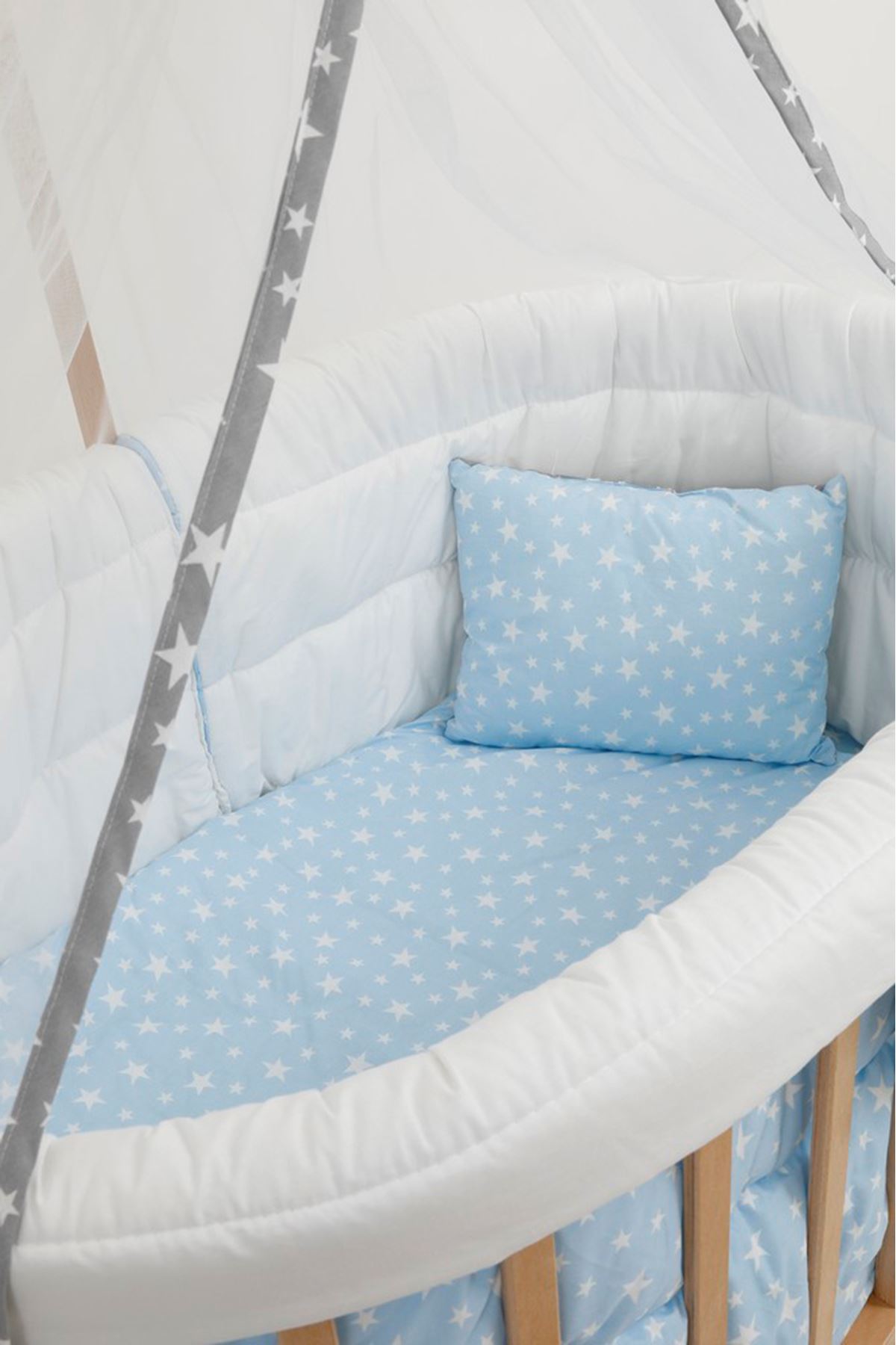 Wooden Baby Cot with Blue Gray Star Sleeping Set