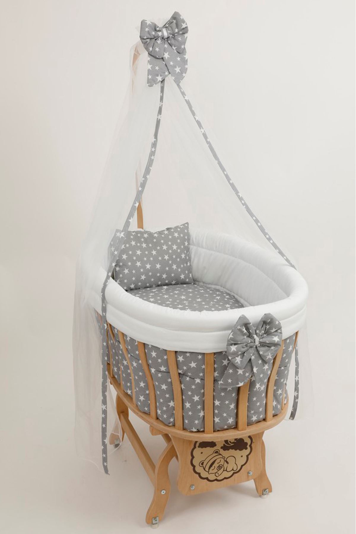 Wooden Basket Cradle With "Gray Star" Set
