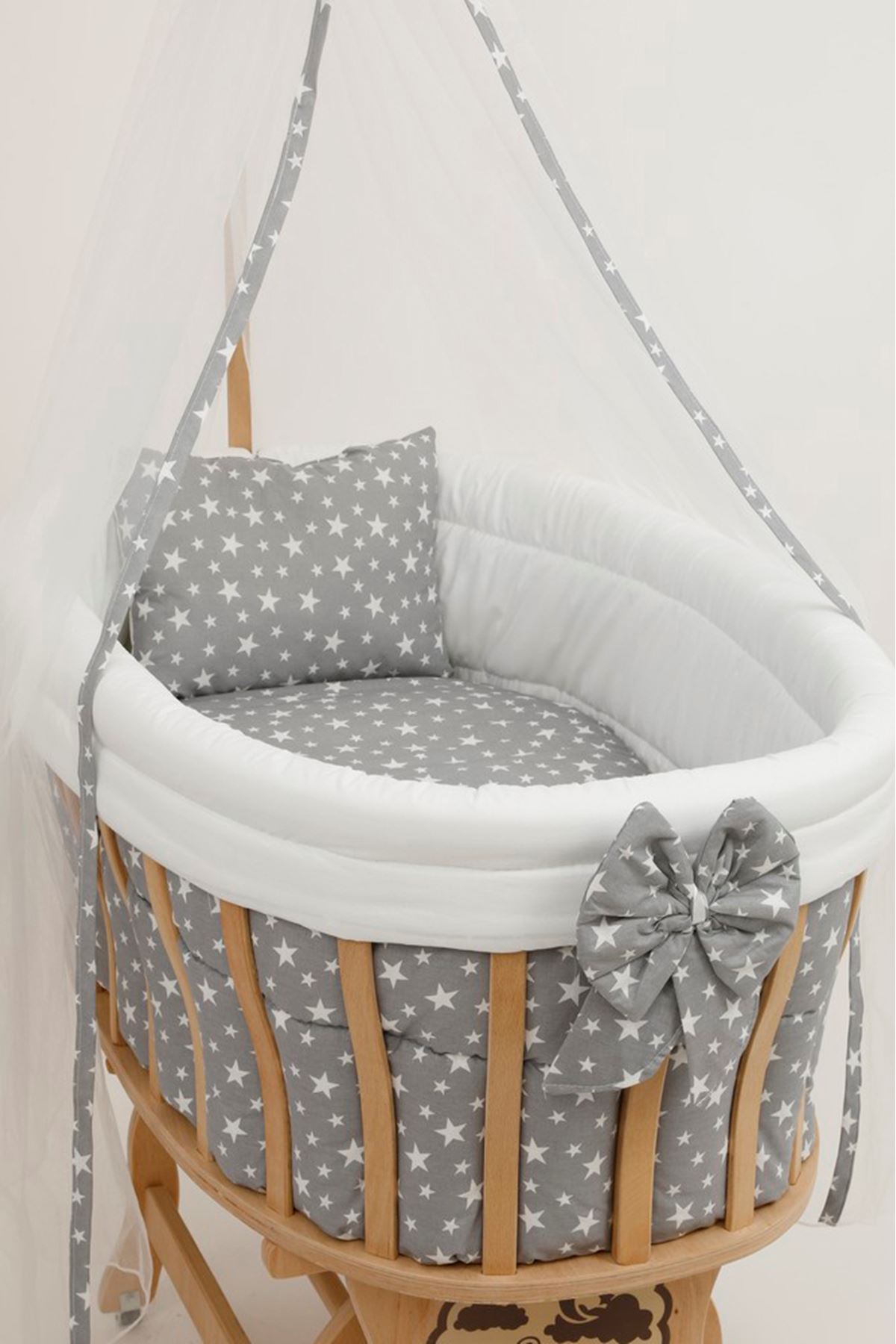 Wooden Basket Cradle With "Gray Star" Set