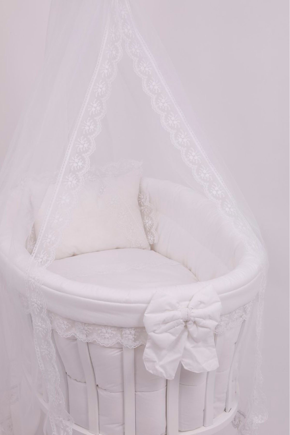 White Wooden Baby Crib with "White French Lace" Sleeping Set