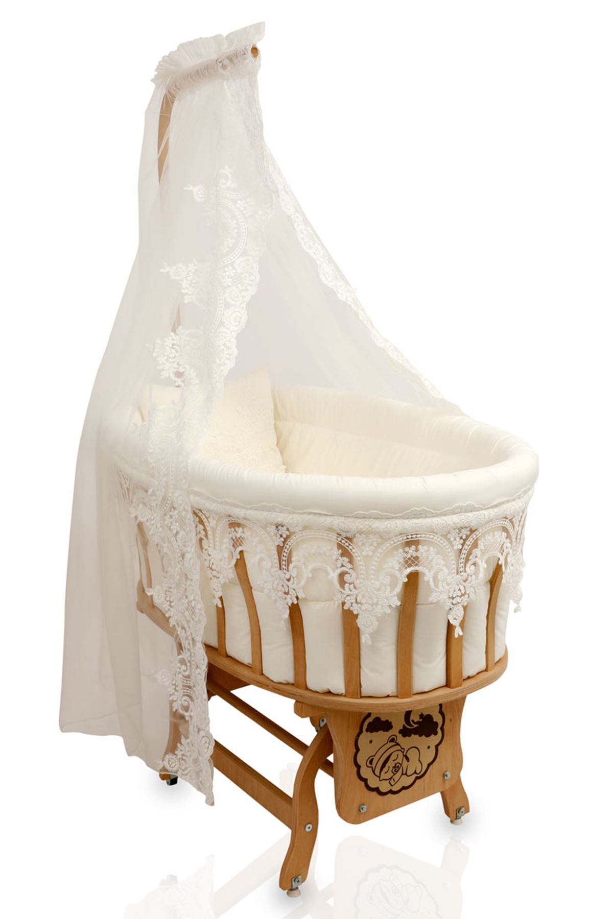 Wooden Baby Cradle With Basket Guipure Sleeping Set